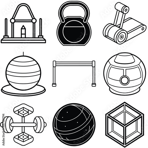 Geometric Icons Depicting Sports, Fitness, and Space Exploration Equipment in Black and White
