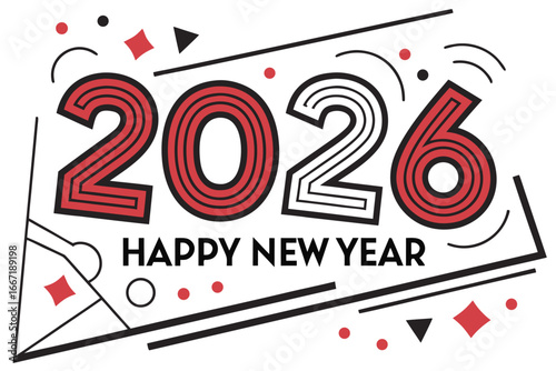2026 New Year Celebration: A stylish, graphical design illustration marks the start of the year 2026, decorated with dynamic patterns and vibrant text conveying a sense of celebration and optimism.
