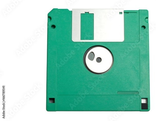Teal floppy disk against white