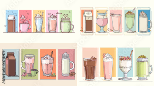Hand-drawn milkshake and drinks illustration in vintage style. Colorful beverage collection with glasses, cups, and desserts for café menu or packaging.