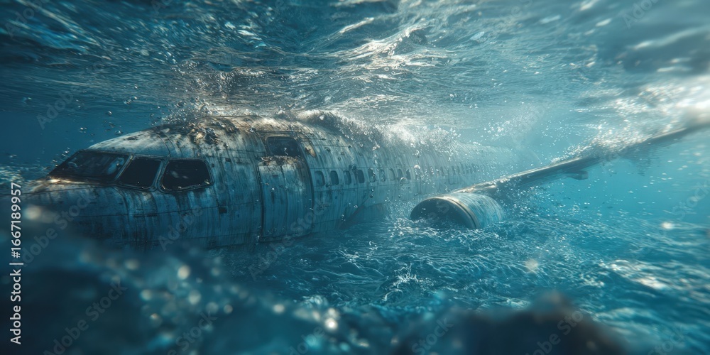 Naklejka premium Surreal Underwater Scene of Airplane Sinking into Clear Blue Ocean