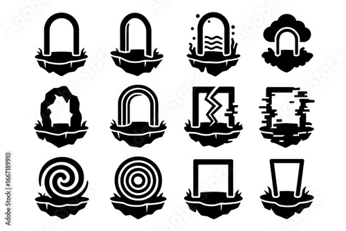Spiral portals icon island virtual simulation glitch rift arch underwater side portal