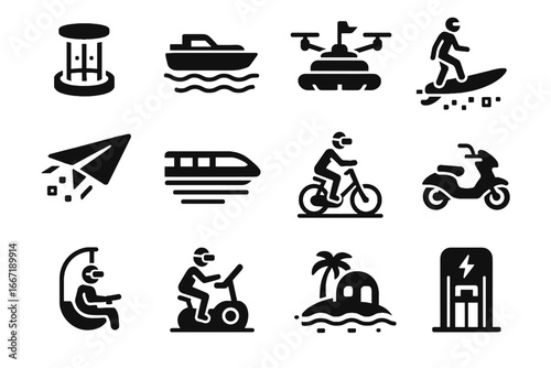 Icon island kayak simulation elevator magnetic bike hover vector virtual gondola drone