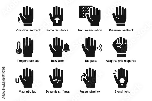 Cue emulation pulse glove icon data resistance stiffness grip signal temperature vector