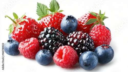 A colorful assortment of fresh berries, including strawberries, blueberries, blackberries, and raspberries, presents a delightful visual of natures sweetness and freshness.