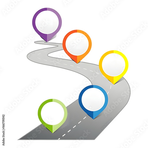 Colorful Roadmap with Five Location Markers:  Modern Infographic Design for Business Planning and Strategy.