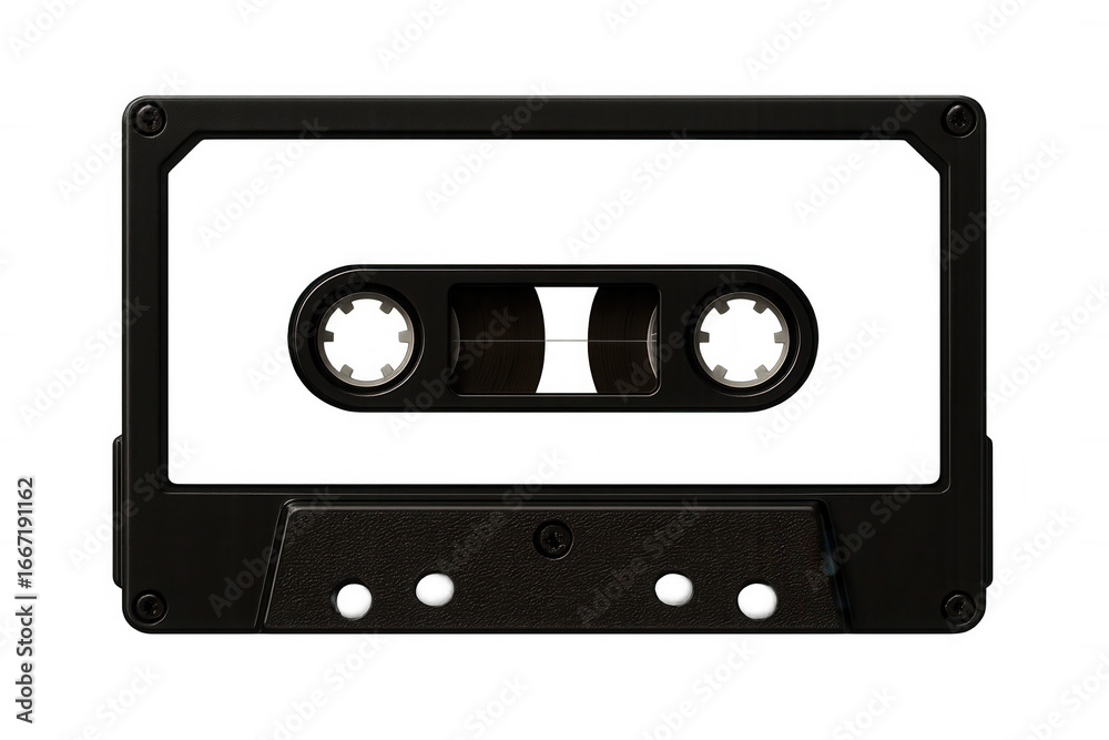 Fototapeta premium Black audio cassette isolated on clear background, showcasing analog music storage from retro sound recording era