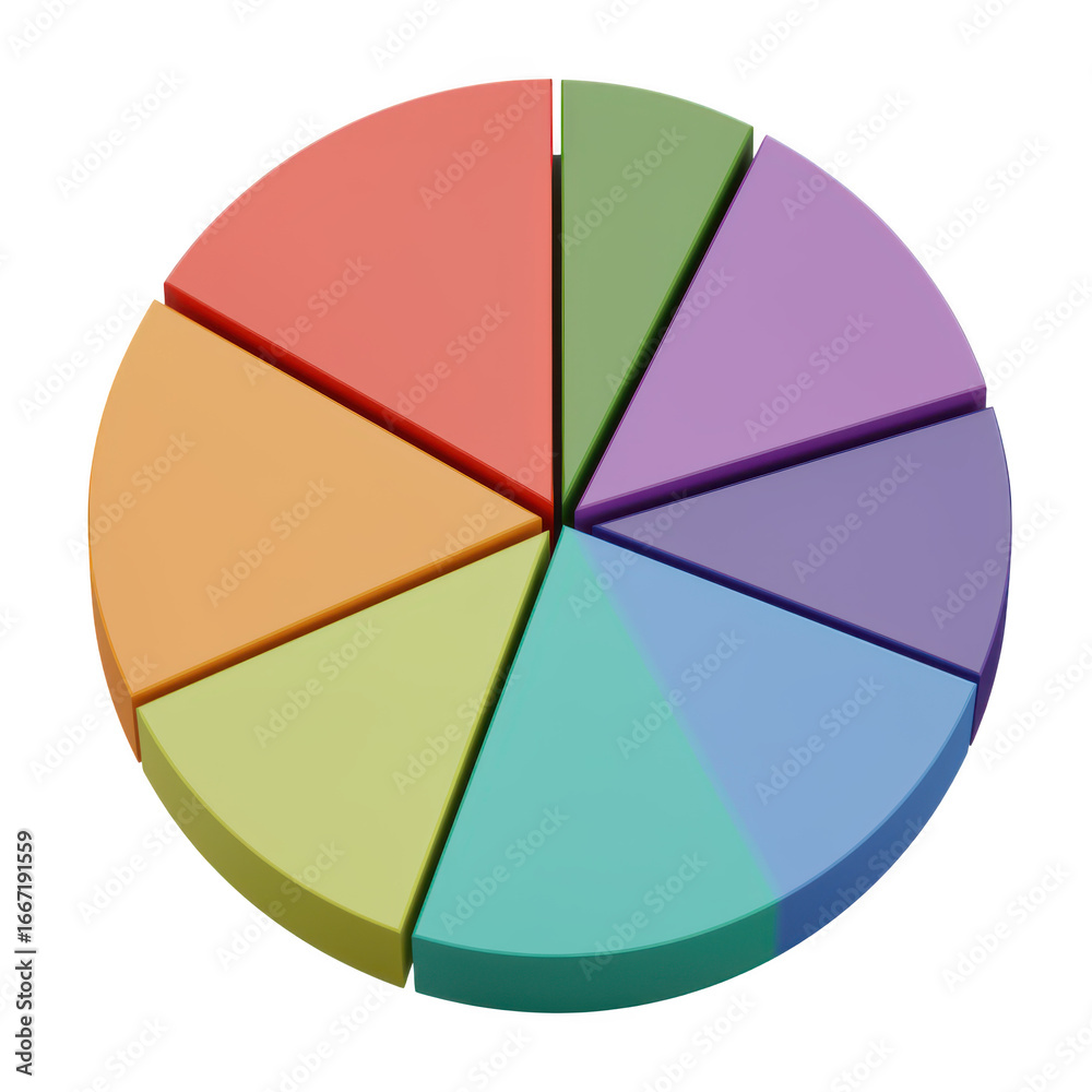Obraz premium Colorful pie chart divided into segments isolated on transparent background