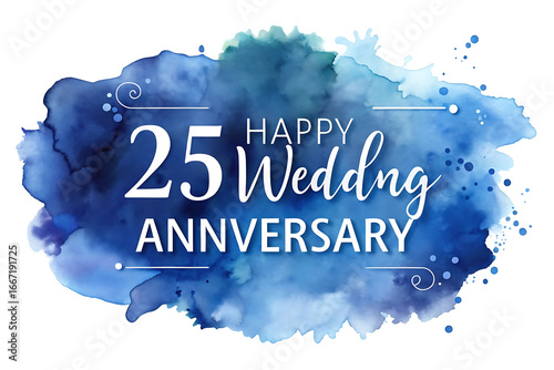 Elegant 25th Wedding Anniversary Design with Blue Watercolor Background and White Text