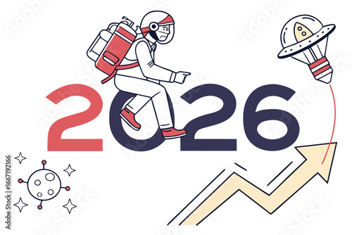 Astronauts in Future Vision 2026: This illustration features a whimsical astronaut, steering through the numerical landscape of 2026.  A lightbulb spaceship launches the potential.