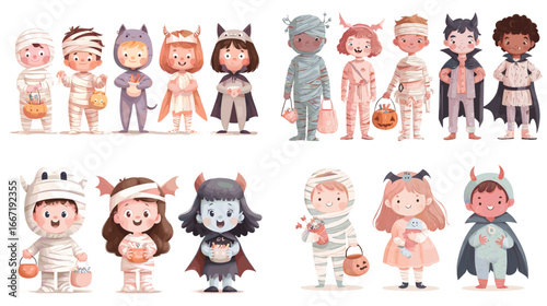 Cute kids in Halloween costumes illustration. Adorable characters dressed as mummies, bats, and monsters. Perfect for party, poster, and festive design.