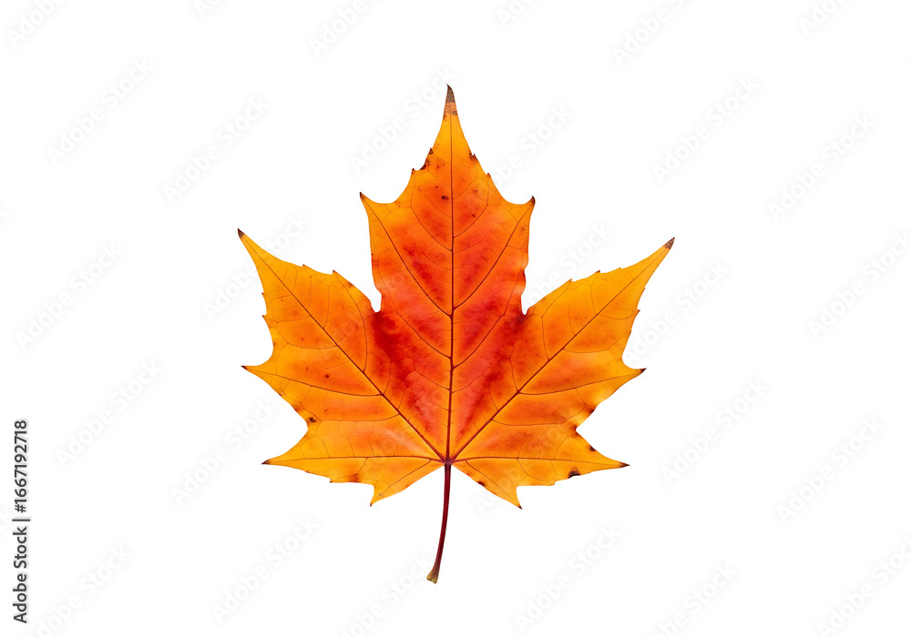 Fototapeta premium Vibrant autumnal maple leaf, showcasing brilliant orange and red hues against a stark black background.