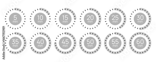 Stopwatch icon set. Countdown 5,10,15,20,25,30,35,40,45,50,55 minutes. Timer icons. Modern minimal design. Delivery cooking baking time indicator. 