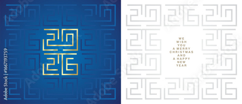 Happy New Year 2026. Golden white silver grey cyberspace high tech year 2026 typography. Greek mystic ornament abstract pattern on blue white background