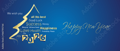 Happy New Year 2026 eve golden negative space numbers with abstract christmas tree word cloud blue background vector greeting card. 2026 gift under the christmas tree