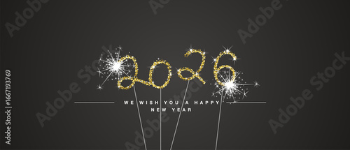 We wish you Happy New Year 2026 eve handwritten tipography with golden glitter stars and sparkler firework black background greeting card
