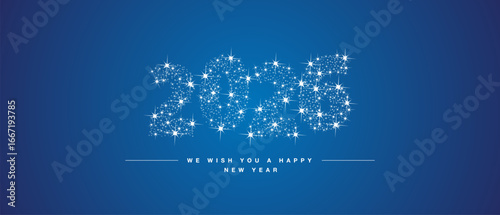 We wish you Happy New Year 2026. Numbers tipography with many stars and stardust in the shape of 2026 on blue background