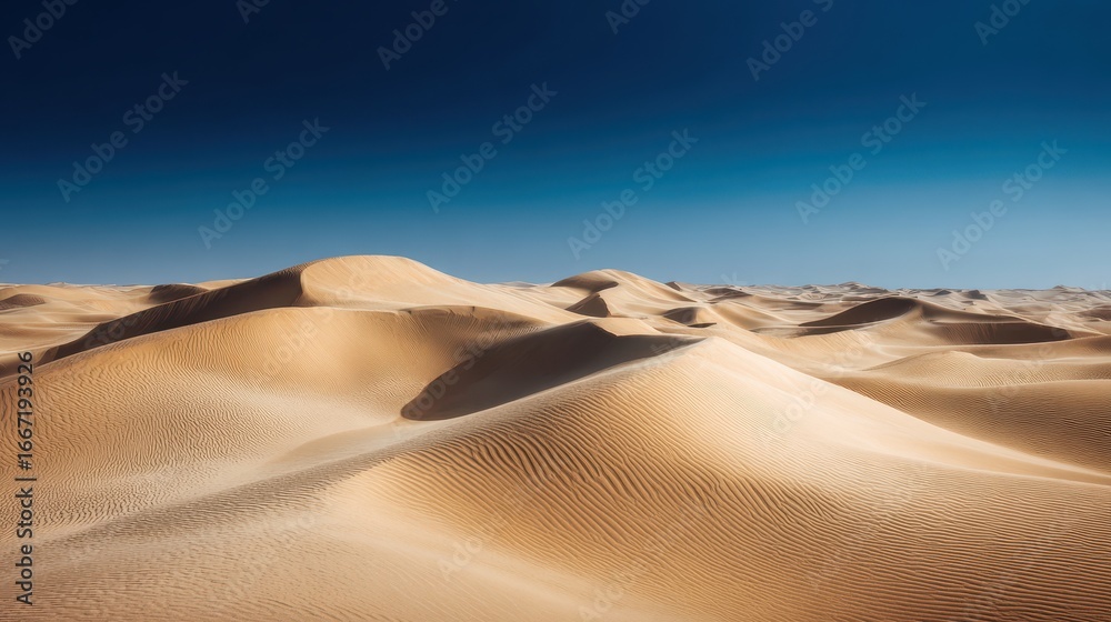 Naklejka premium A 4K photo of windswept sand dunes in stark desert landscape under expansive blue sky.
