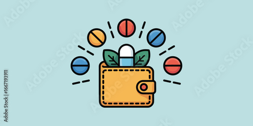 Wallet with pills and leaves around it on a light blue background in a cartoon style illustration
