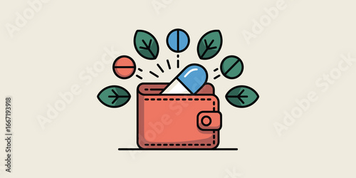 An illustration of a wallet with a capsule pill inside surrounded by pills and leaves on a light background