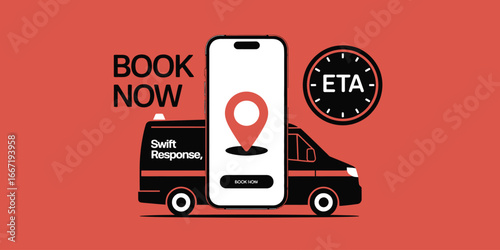 Book now promotion featuring a delivery van a phone with a location pin and an eta clock icon