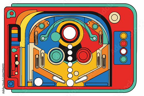 A vibrant, top-down flat vector illustration showcases a retro tabletop pinball game.generative ai
