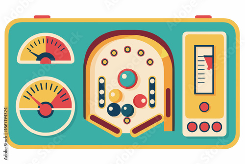 A vibrant, top-down flat vector illustration showcases a retro tabletop pinball game.generative ai