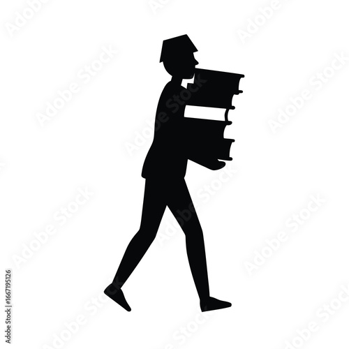 silhouette of intern carrying stack of books 