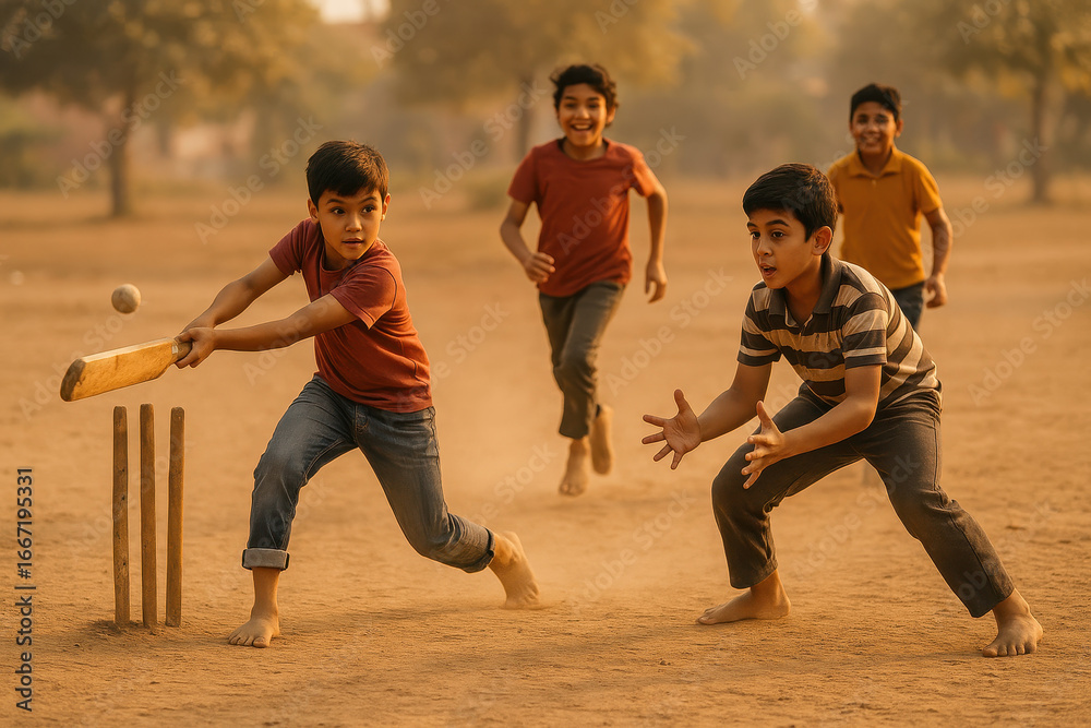 Naklejka premium Children Playing Cricket on Dusty Ground at Sunset