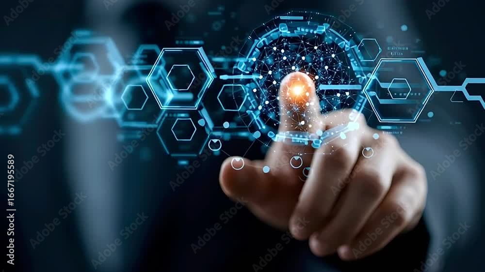 Businessman exploring digital sphere with futuristic interface