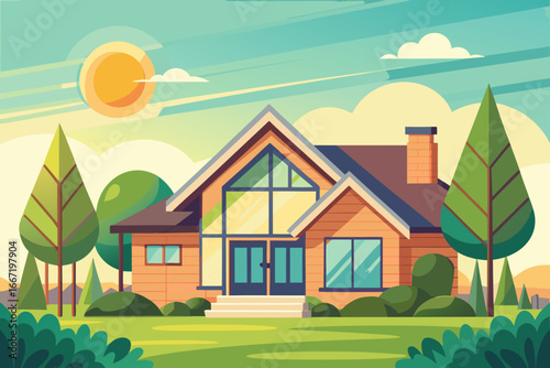 An illustrated summer landscape features a cartoon cottage with a chimney surrounded by a village of homes and gardens under a sunlit sky