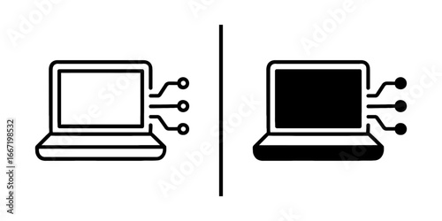 Laptop Connection: A minimalist design depicting two laptops, one with a bright screen and another with a darkened screen, symbolizes concepts like digital transformation and data communication.