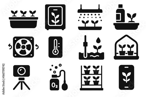 Smart control led gardening vector icons oxygen level compact system grow hydroponic