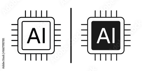AI Chip: This image shows a graphical representation of a AI chip, with AI prominently displayed within its core, showcasing modern technological innovation. 