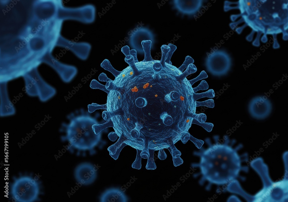 Obraz premium Microscopic view of multiple blue virus cells with spikes on a dark plain and simple surface