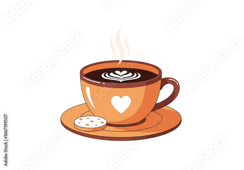 A warm, inviting illustration of a coffee cup filled with latte art and a biscuit, set against a striking black backdrop.