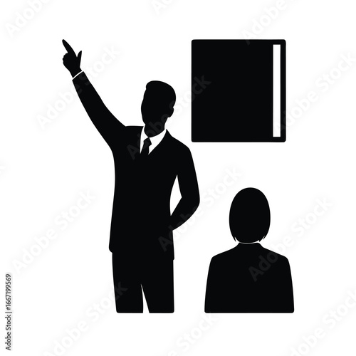 silhouette of teacher raising hand to explain 