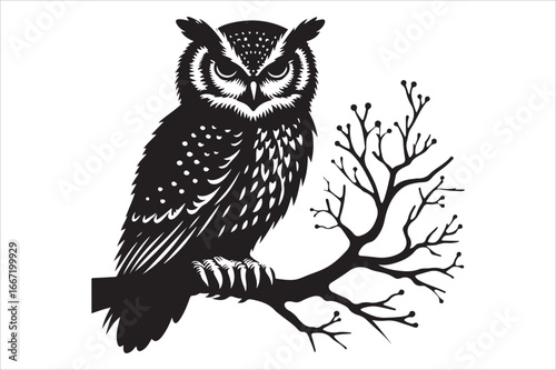Detailed black and white graphic illustration of a wise horned owl perched on a bare winter tree branch, staring forward with intense eyes