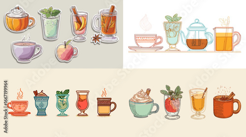 Warm hand-drawn illustration of tea and herbal drinks with cinnamon, mint, fruit, and spices, cozy beverage collection for café, seasonal menu, and wellness art.