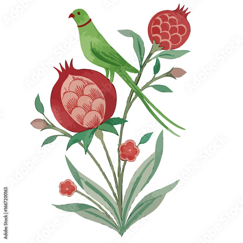 Pomegranate Motif with Parrot on a White Transparent Background- Watercolour Art 