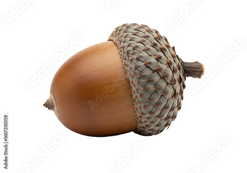 Close-up view of a single acorn against a stark black background, showcasing its rich, warm brown nut and intricate, light gray cap.