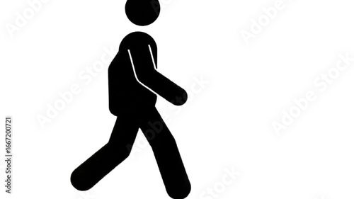Stick figure walking isolated on white background, representing motion, activity, and a simple human stride for everyday concepts