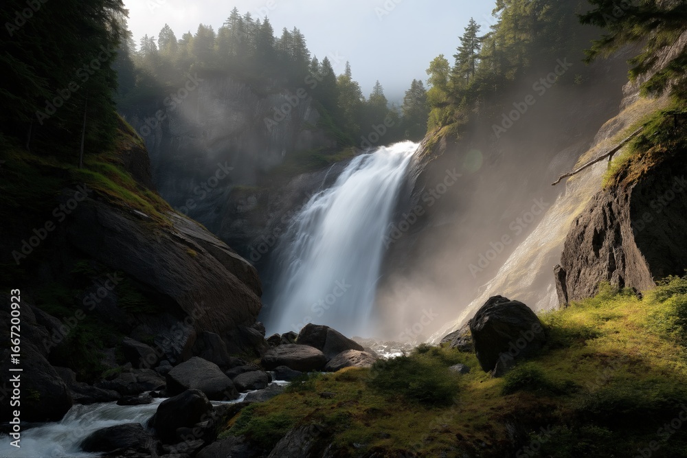 Fototapeta premium Majestic waterfall cascading amidst lush forest and misty rocks