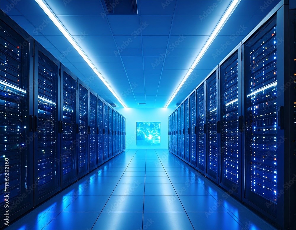 Fototapeta premium Modern server room, illuminated by blue lights