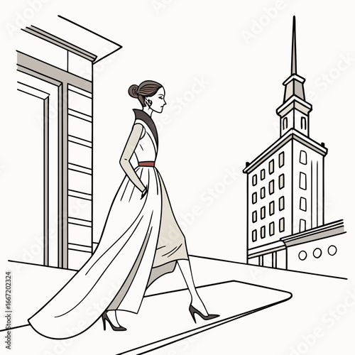 Milan – Woman in haute couture dress walking down an urban catwalk.