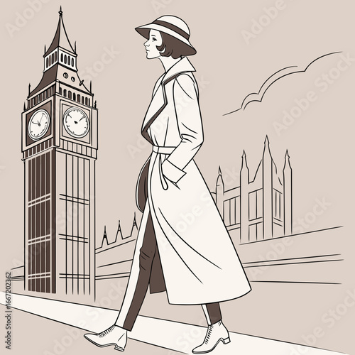 London – Elegant woman in overcoat and hat near Big Ben.