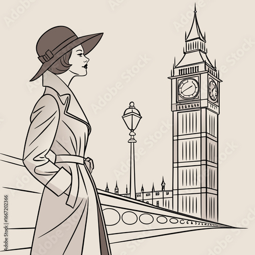 London – Elegant woman in overcoat and hat near Big Ben.