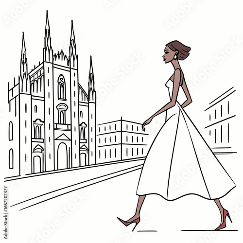 Milan – Woman in haute couture dress walking down an urban catwalk.