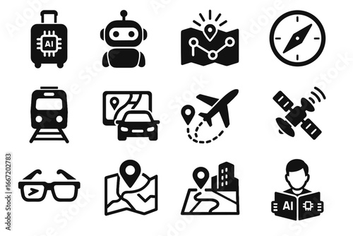 Ai navigation smart assistant compass airplane travel vector location icon robot