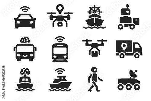 Navigation system icon bus autonomous courier vector rail guided icons smart ai